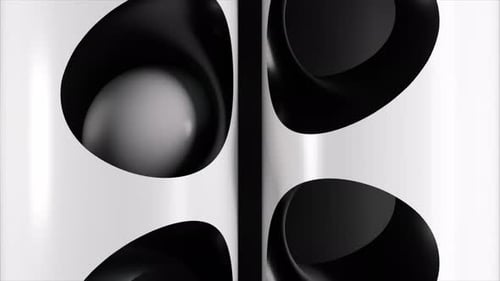 Black and White Geometric Sphere Bouncing Rolling Across Minimalist White Structure with Dark