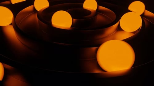 Glowing Orange Spheres Moving on Spiral Track