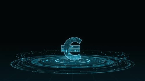 Blue digital money logo with particle ring circle rotation with ai technology icons on futuristic