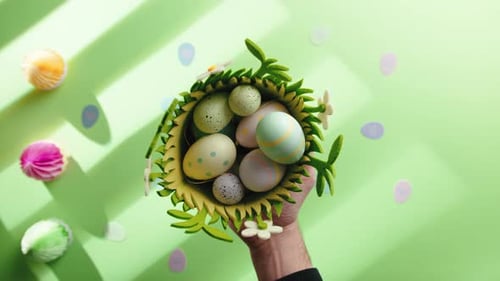 A Basket Full of Easter Eggs on Green Background