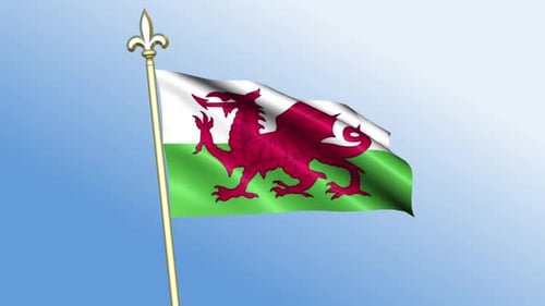 Animated Flag of Wales Waving on Golden Pole