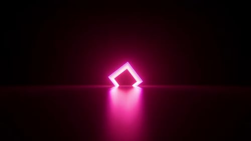 Abstrakter geometrischer Hintergrund. Quadratische Neonrahmen, die sich im Dunkeln drehen, leuchten und blinken