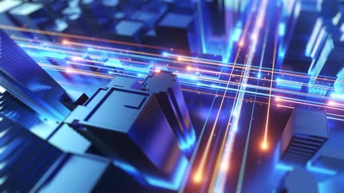 Stadtbild mit leuchtenden Datenlinien, Dolly Rotationskamera