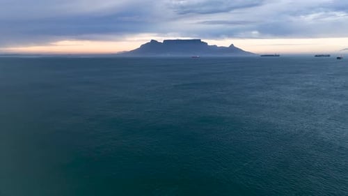 Aerial view of Table Mountain moody rain Bloubergstrand Cape Town, South Africa