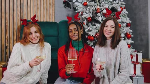 Friends Celebrating Christmas with Wine by Christmas Tree