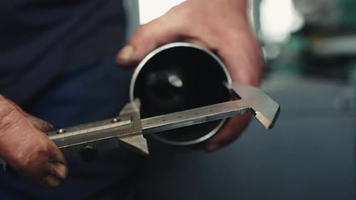 Master mechanic measures the internal diameter of the pipe using a caliper