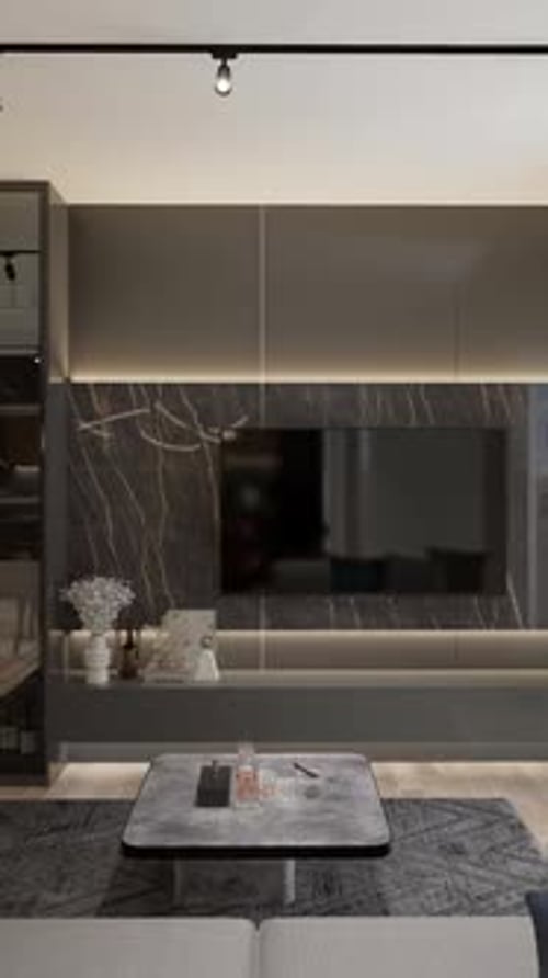 3D-rendering. The camera flies over a modern studio apartment. Vertical format for a phone.