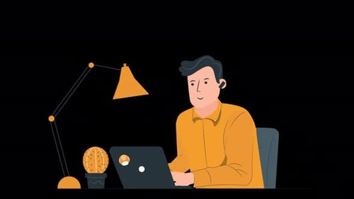 Animated Man Working on Laptop at Desk Illustration