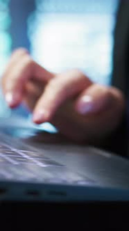 Programador de Vídeo Vertical no Hub do Servidor Verificando o Plano de Recuperação no Laptop Close Up