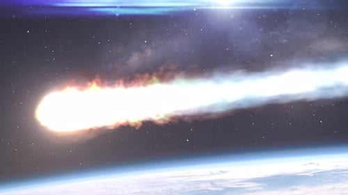Fiery Meteor Streaking Across Space Near Earth's Atmosphere