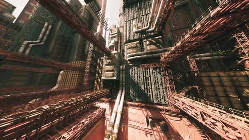 Ruined Factory Landscape Old Abandoned Structures Under Fading Evening Light