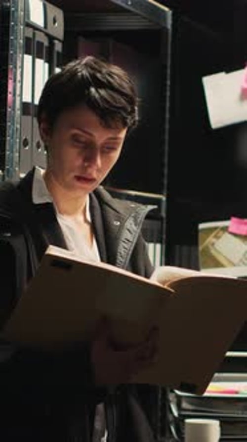Adult Woman Looking Through File in Dark Office