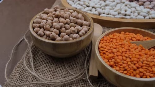 Dried Lentils, Chickpeas and Beans Displayed in Bowls