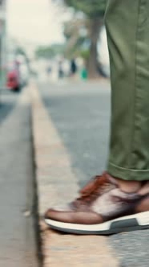 Feet, bus and entrance in street for travel, ride and steps for commute in morning in urban town