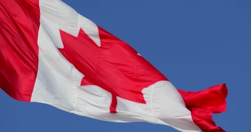 Canadian Flag Waving in Wind on Blue Sky