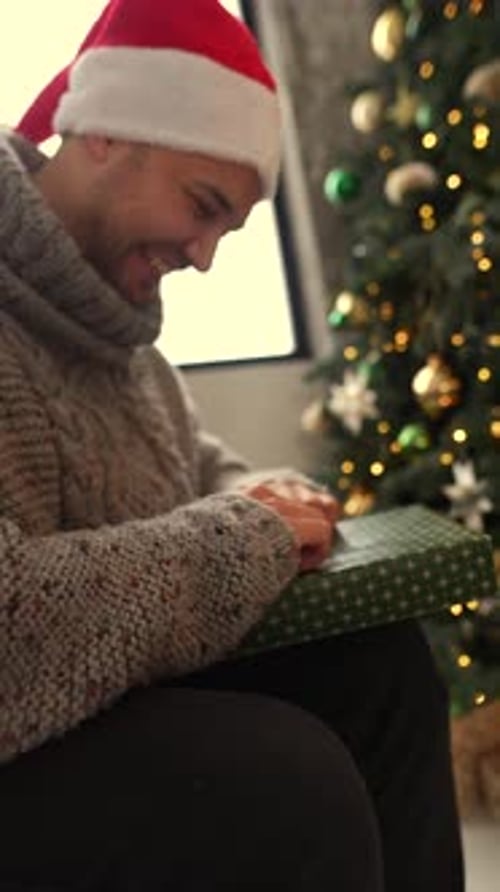 Couple Exchanging Christmas Gifts by Decorated Tree