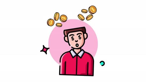 Flat Design Character Animation with Money Eyes and Falling Coins