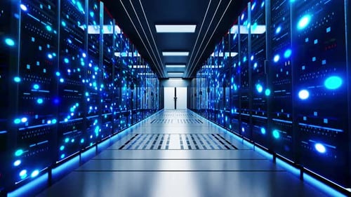 Futuristic Server Room with Blue Data Flow Animation