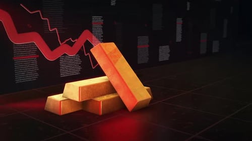 Gold Bars with Falling Red Arrow and Stock Market Background 4K