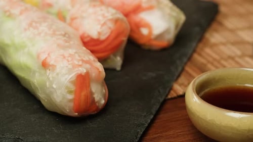 Spring Roll with Shrimps and Vegetables Inside Closeup Macro Shrimp Roll with Rice Papper Cooking