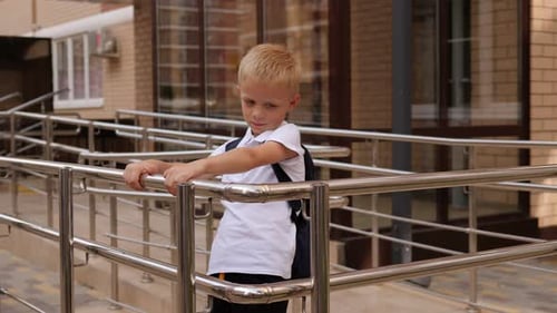 A Little Schoolboy Boy with a Backpack is Standing Near the School on the Stairs