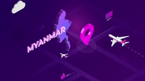 Isometric Myanmar Map Travel Animation with Location Pin