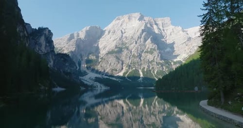 Aerial view of Lake Braies and Seekofel mountain, Italy