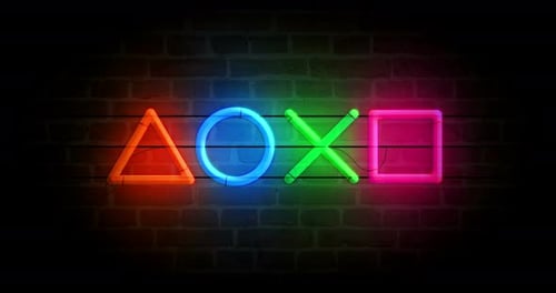 Íconos del joystick reproducen Vídeo bucle de neón sobre pared de ladrillo