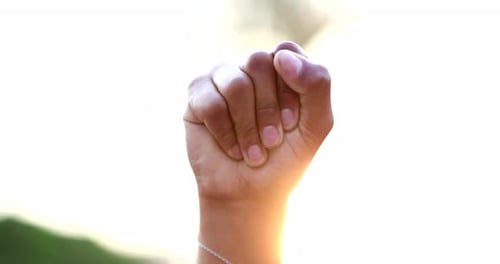 Black hand raised fist in air in political protest, close-up clench fist
