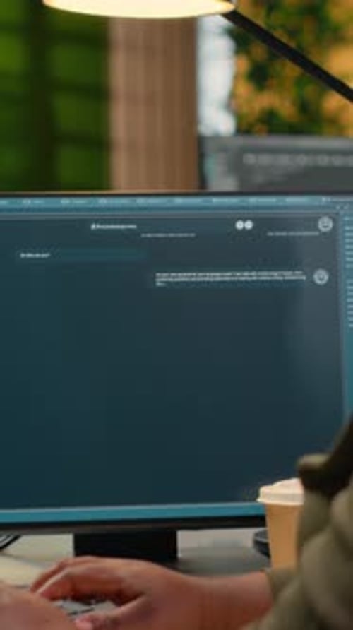 Vertikaler Videosystemadministrator im Büro mit AI LLM Chatbot