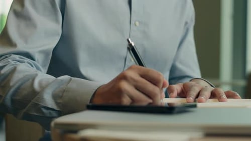Unrecognizable Business Man Writing Notes in Paper Notebook Unknown Businessman Male Guy