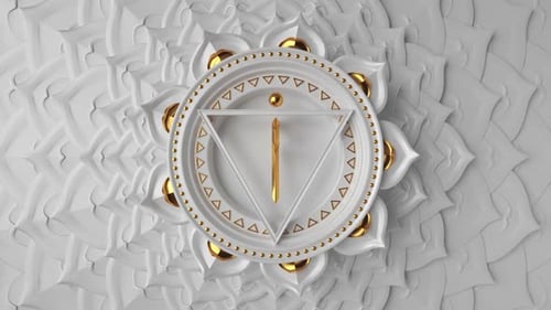 Símbolo 3D do chakra raiz girando sobre fundo branco.