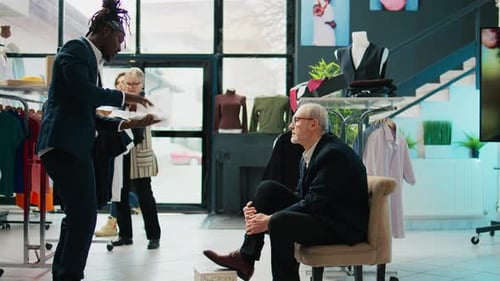Senior Man Tying Shoes in Clothing Boutique