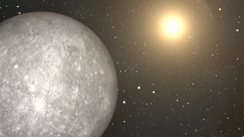 Rotierender Quecksilberplanet, Kugelgalaxie im Weltraum mit Sonnensystem, Video über Wissenschaft und Technologie. 1469