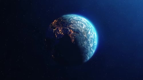 Planet Earth Rotating in Space with Glowing City Lights