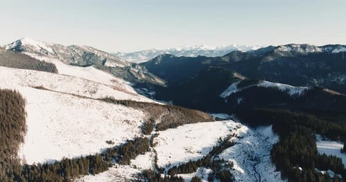 Snowy Mountains and Evergreen Forests Aerial View
