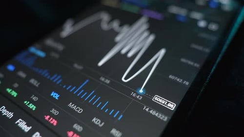 Female Entrepreneur Uses a Smartphone to Check the Price of Bitcoin on a Trading Market Macro Plan