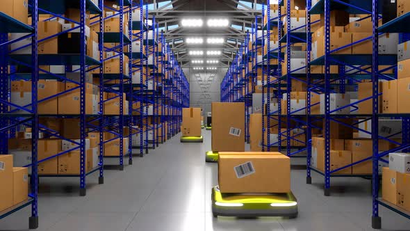 Autonomous Robots Transporting Packages In Warehouse, Rack Shelves ...