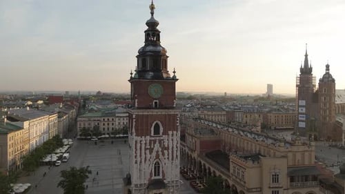 Aerial View of Town Hall Tower on Market Square in Central Historical Tourist Part of Krakow at