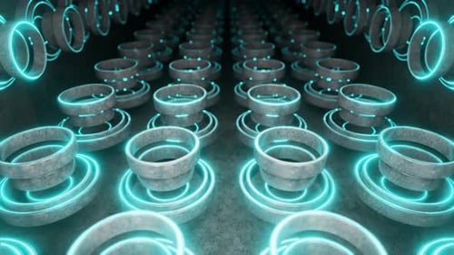 Camera movement in the corridor of luminous concrete rings moving to the beat of the music. Animatio