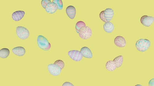 Pastel colored Easter eggs falling on yellow background seamless looped 3D render. Various eggs