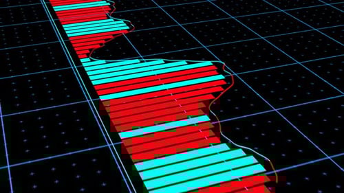 Animated Digital Grid with Financial Data Bar Graphs and Line Chart