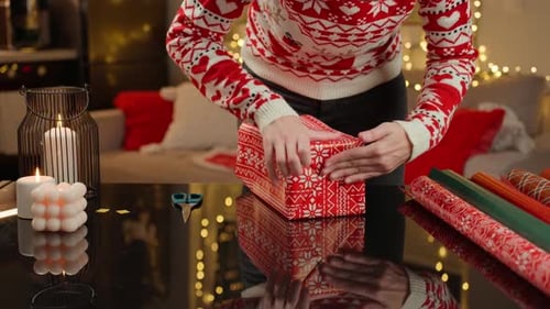 Person wrapping Christmas present in festive sweater