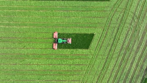 Landwirtschaftlicher Mäher, der Gras auf einem Bauernhof schneidet, Luftbild
