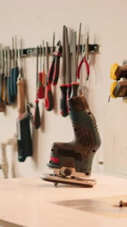 Vertical Video Close Up of Electric Router on Wood Shaper in Carpentry Studio