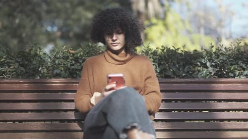 Introvert curly girl texting alone on a bench at a park
