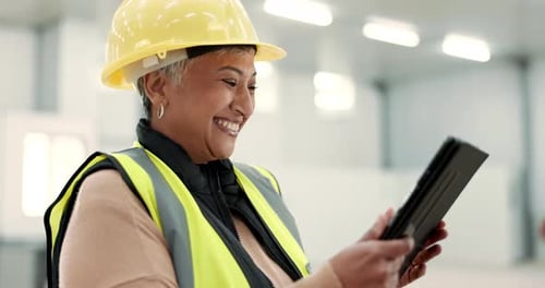 Engineering woman, laugh and tablet at construction site, building planning