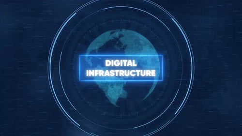 Digitales Infrastrukturkonzept mit rotierendem globalem Netzwerk und futuristischer HUD-Schnittstelle