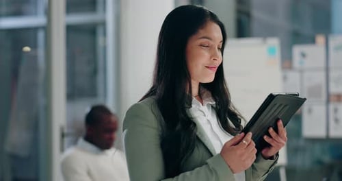 Woman, reading and scroll on tablet for research online for digital marketing