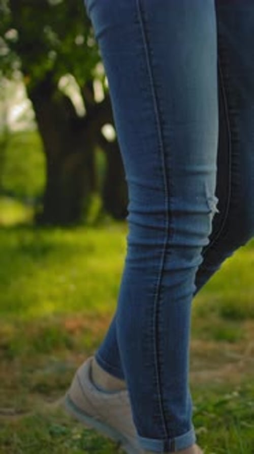 Vertical of A Young Girl with a Dog Walks in the Park
